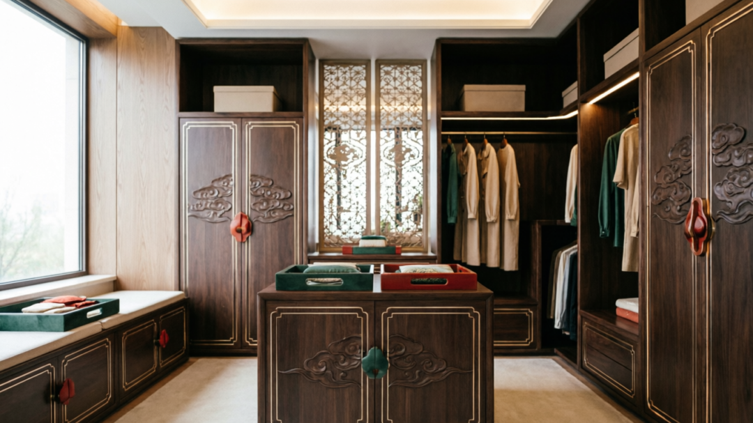 原木竹材与黛蓝的诗意邂逅：新中式衣帽间的东方雅韵设计灵感
