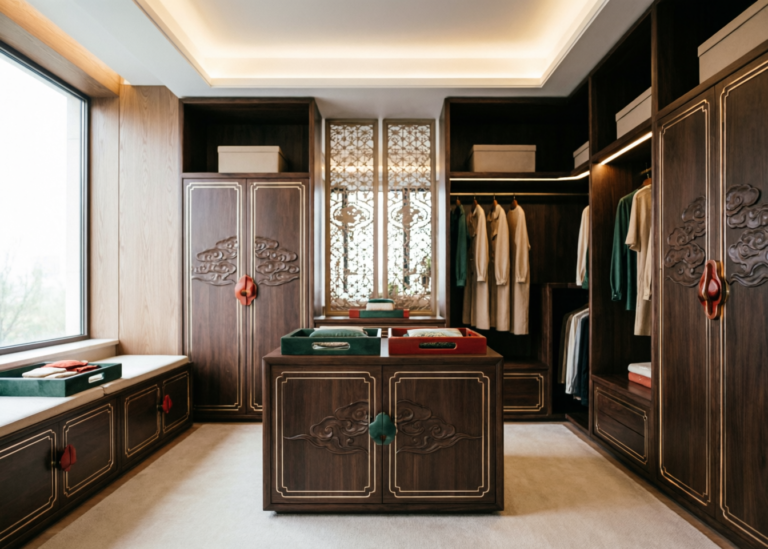 原木竹材与黛蓝的诗意邂逅：新中式衣帽间的东方雅韵设计灵感